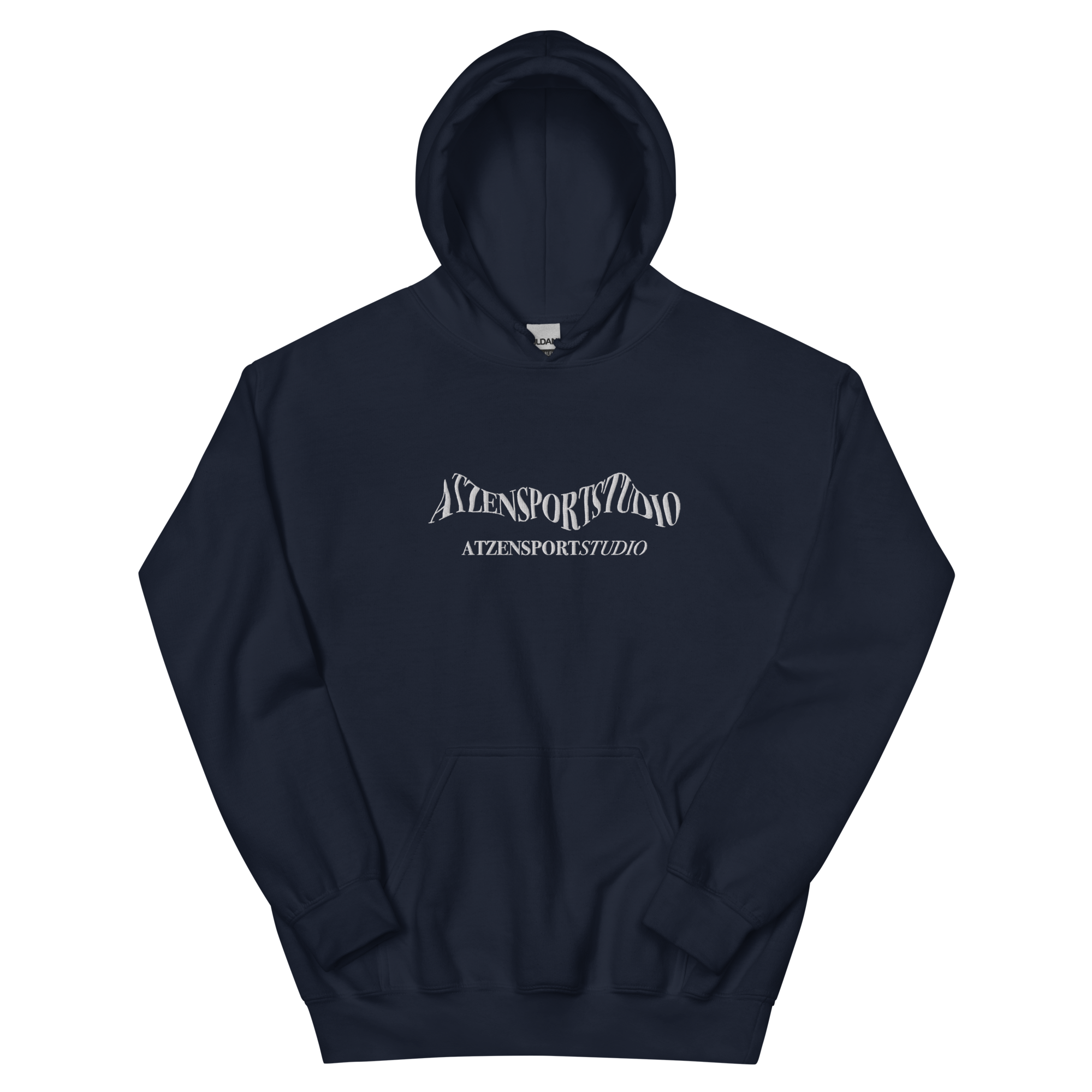 Dunkelblauer Hoodie mit weiß gesticktem Atzensportstudio-Logo 