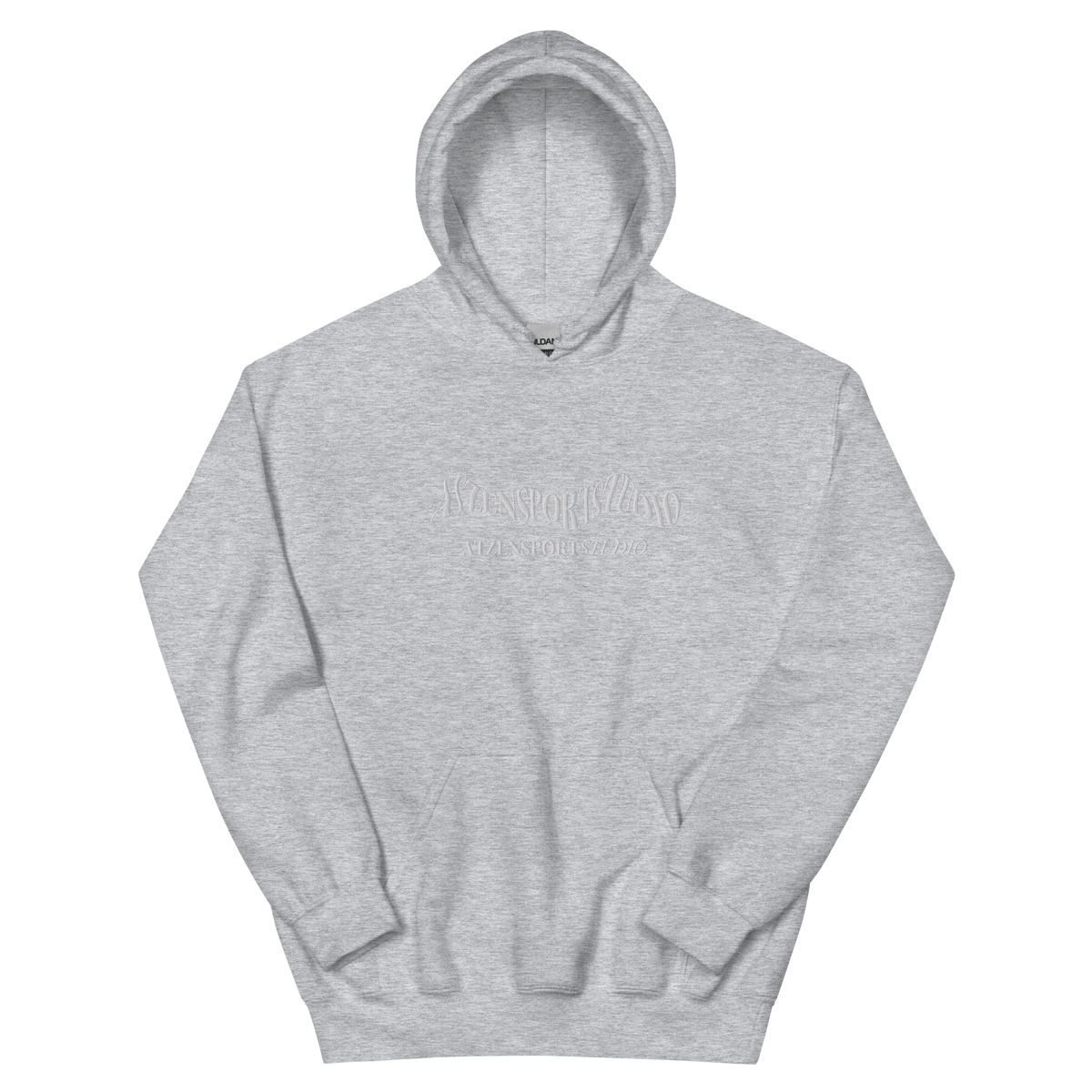 Hellgrauer Hoodie mit weißem gesticktem Atzensportstudio-Logo 