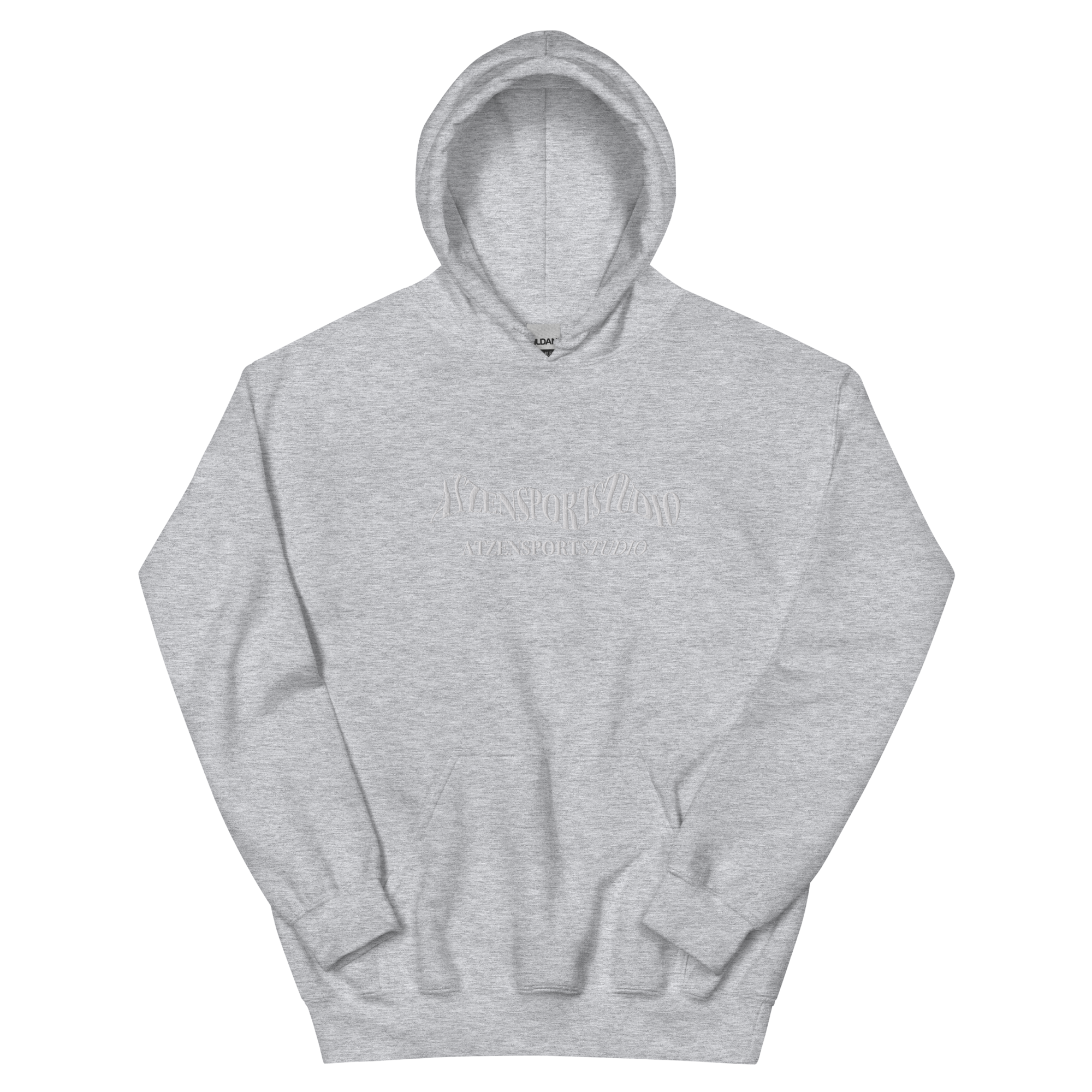 Hellgrauer Hoodie mit weißem gesticktem Atzensportstudio-Logo 