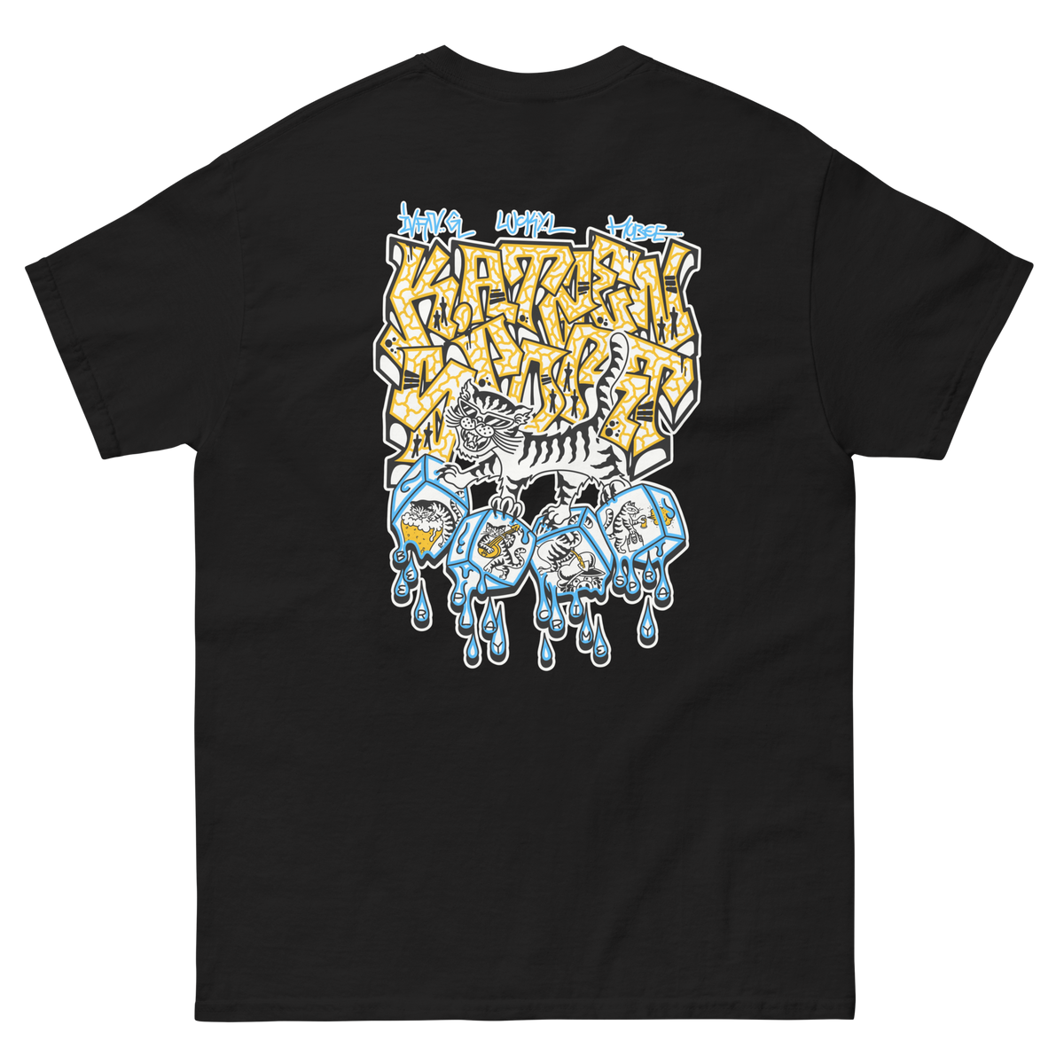 K.Atzensport T-Shirt in Schwarz, bunter Backprint mit den vier Elementen