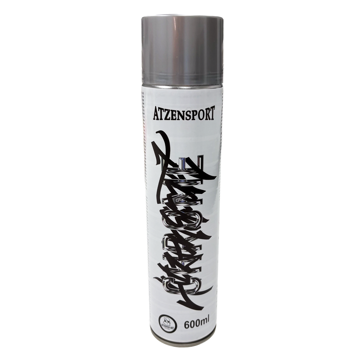 ATZENSPORT Chrome 600ml Sprühdose mit weißem Label, Chrome-Schriftzug und Atzensport-Tag